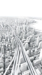 Monochrome abstract cityscape aerial view, dense roads highways buildings skyscrapers, modern metropolis