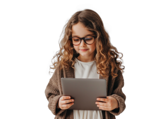 Young Girl with Tablet on Transparent Background