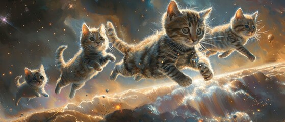 A squadron of space kitties, leaping across galactic boundaries - obrazy, fototapety, plakaty