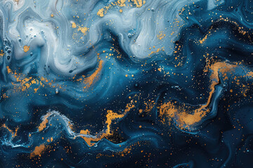 Abstract blue and gold marble background, dark colors with swirls of black, white space for design elements, detailed fluid patterns. Created with Ai
