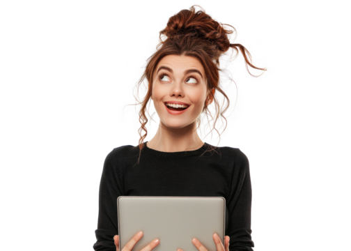 Smiling Woman with Tablet on Invisible Background