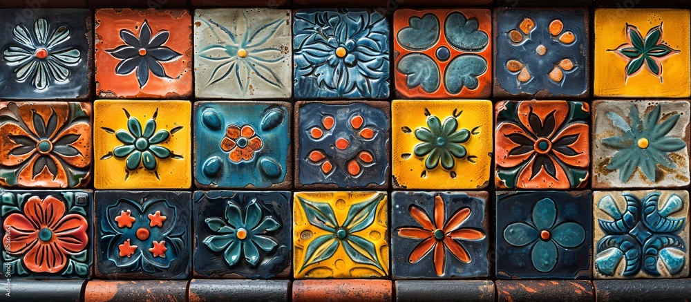 Poster vivid tiles adorned with intricate floral patterns on a wall up close, creating a vibrant and decora