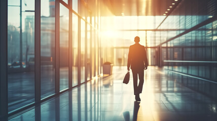 Fototapeta na wymiar Silhouette of a businessman carrying a briefcase, walking through a glass-walled corridor with sunlight streaming in. 