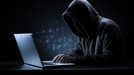 An incognito person in a hoodie uses a laptop in the dark, with digital data glowing in the background, depicting online anonymity.
 - obrazy, fototapety, plakaty