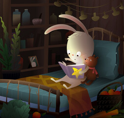 Cute bunny or rabbit read fairy tale book before sleep with his teddy bear in bed. Animal toys characters in kids bedroom interior at night. Vector illustrated magical scene for children story book