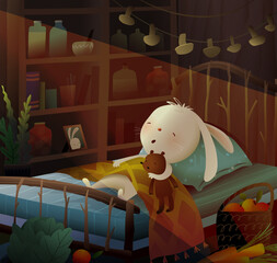 Bunny or rabbit sleeping with his teddy bear in bed inside his house. Sleepy animal toys characters in kids bedroom interior at night. Vector illustrated magical scene for children story or fairy tale - 785861253
