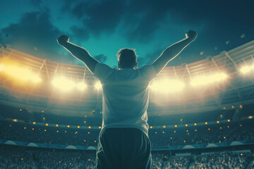 Fototapeta premium Victorious player celebrating with arms raised on stadium after successful game