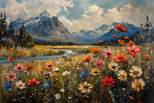 field flowers mountains background evokes delight deity spring paint pour breath
