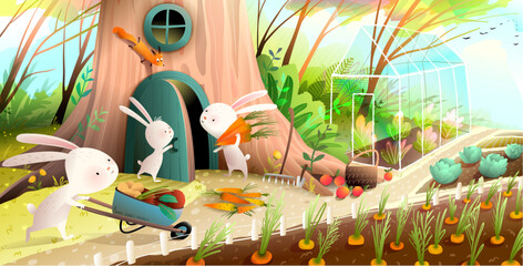 Rabbit or bunny family garden, horticulture and vegetable produce, forest fairytale for children. Animals working at forest farm. Vector illustrated book spread for kids story about rabbits. - 785861621