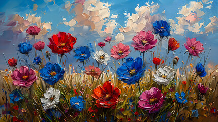 field flowers blue sky background red color depicting flower thick brush strokes splashing deep visible