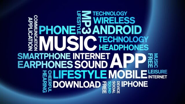 Music App animated word cloud;text design animation tag kinetic typography seamless loop.