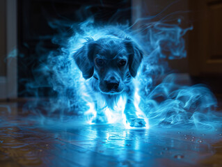 Mystical Blue Flame Dog on Wooden Floor