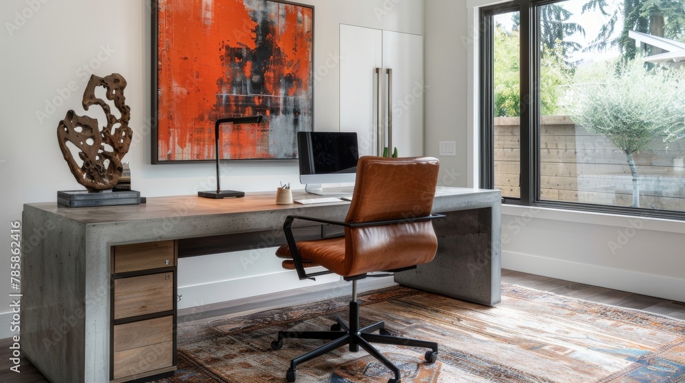 Poster the home office is a mix of form and function with a minimalist concrete desk and a comfortable leat