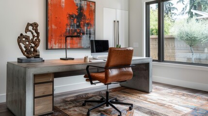 The home office is a mix of form and function with a minimalist concrete desk and a comfortable...