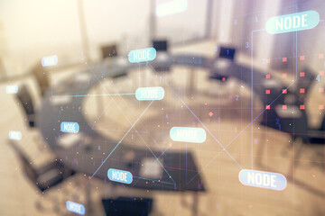 Abstract virtual coding concept on a modern conference room background. Multiexposure