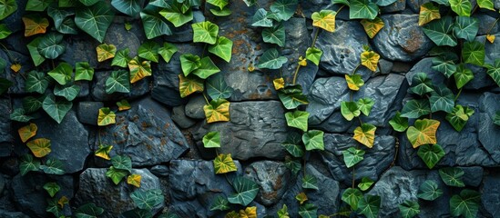 Close-up view of a sturdy stone wall completely covered in vibrant green ivy leaves, creating a beautiful natural pattern