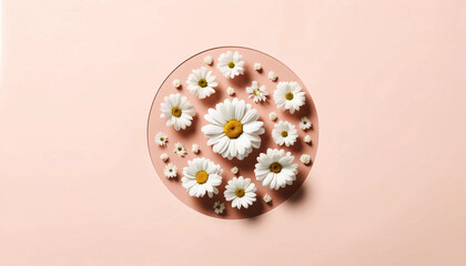 White daisy chamomile flowers arranged on a pale pink background banner