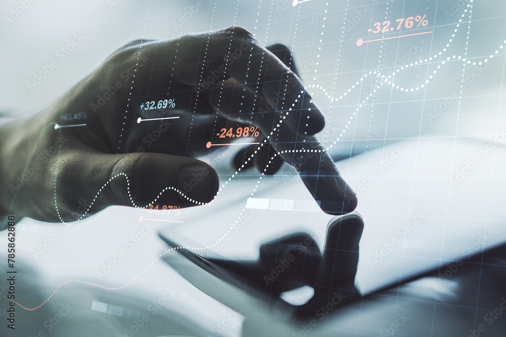 Poster Double exposure of abstract creative statistics data hologram with finger clicks on a digital tablet on background, statistics and analytics concept