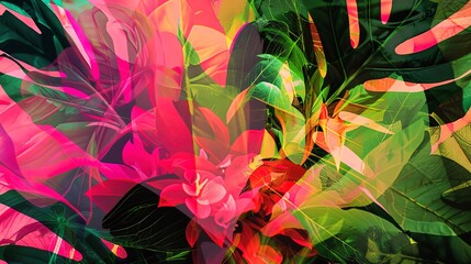Dynamic abstract shapes in neon pinks and greens, representing the lively bloom of summer flowers and foliage. 