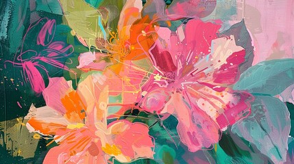 Dynamic abstract shapes in neon pinks and greens, representing the lively bloom of summer flowers and foliage.