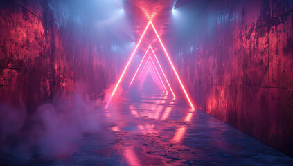 3d render, abstract background with glowing neon red and pink triangles on dark brick wall in the foggy tunnel. Created with Ai