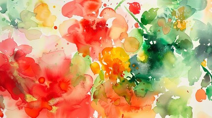 Obraz na płótnie Canvas Abstract splashes of watercolor in the colors of summer fruits - vibrant reds, lush greens, and sunny yellows. 