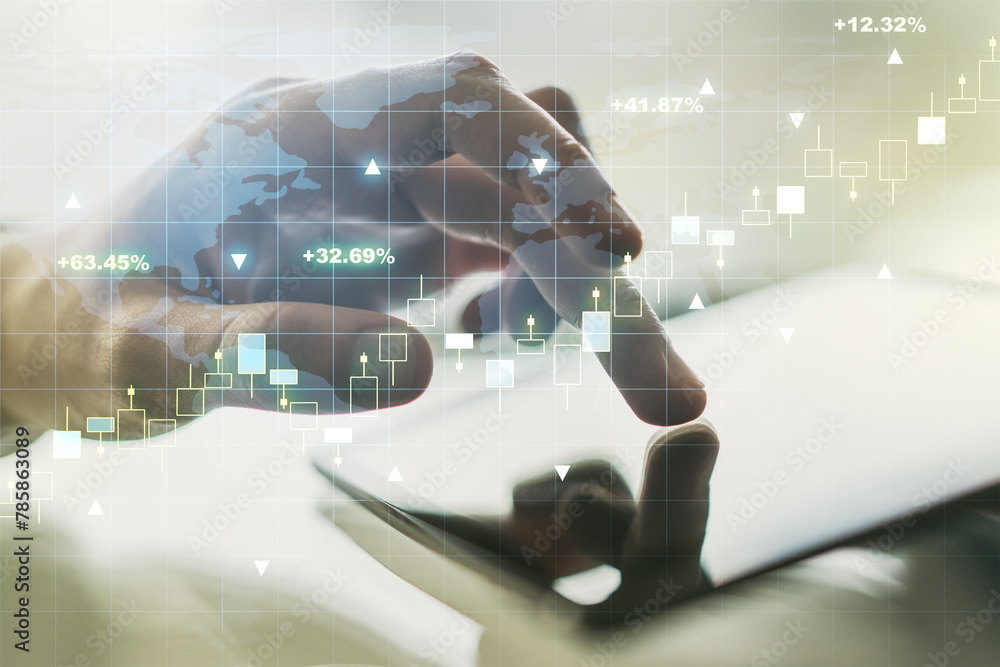 Poster Multi exposure of abstract financial graph with world map and hand working with a digital tablet on background, financial and trading concept