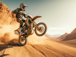 Man is riding dirt bike in desert