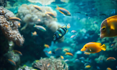 Naklejka na ściany i meble ocean day background with beautiful underwater and fish