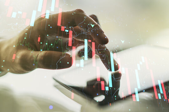 Double exposure of creative abstract global crisis chart with world map hologram and finger clicks on a digital tablet on background. Financial crisis and recession concept