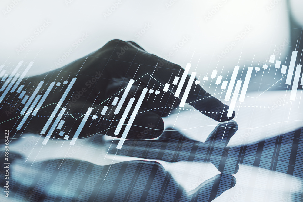 Poster multi exposure of abstract financial graph and hand working with a digital tablet on background, fin