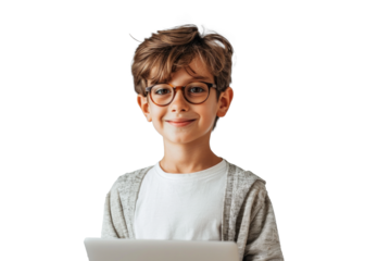 Boy with Laptop on Transparent Background