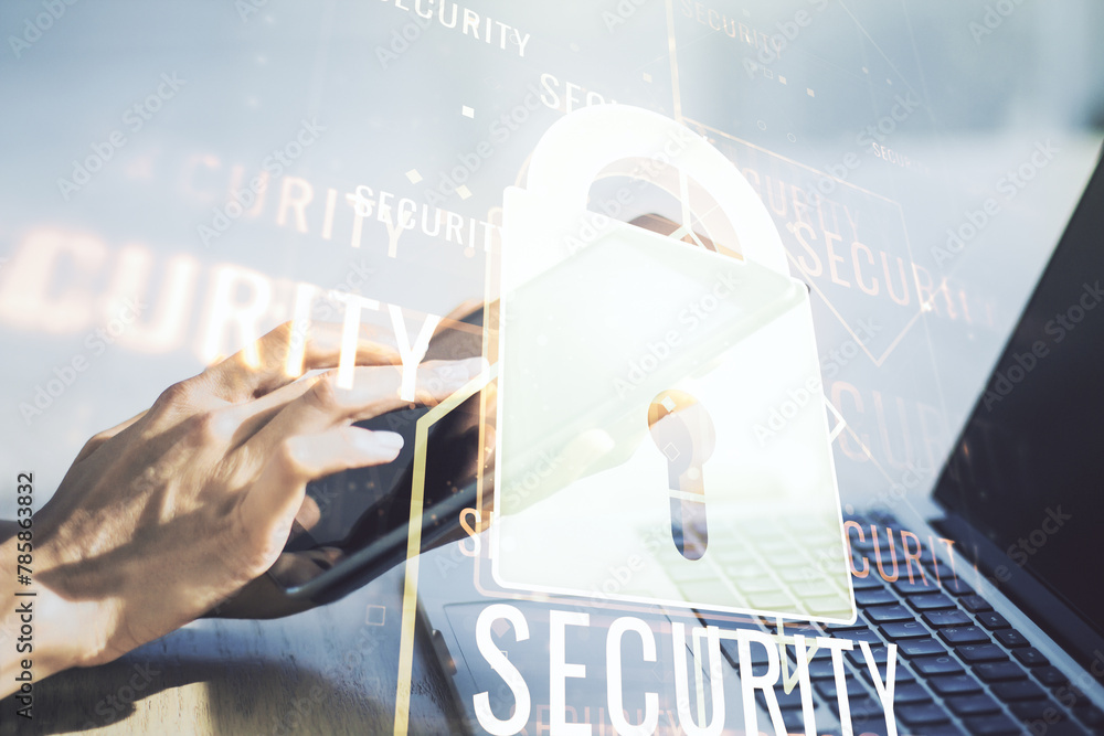 Poster creative lock sketch with chip hologram and hand working with a digital tablet on background, protec