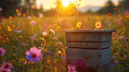 Wooden Bee Hive in The Middle of Flower Field - obrazy, fototapety, plakaty