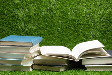 All kinds of books on the lawn