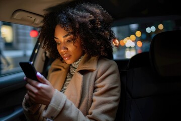 African American woman talking on cell phone in car - obrazy, fototapety, plakaty
