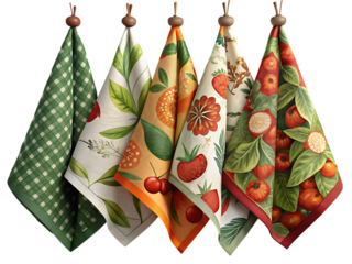 Different kitchen towels hanging on hook rack
