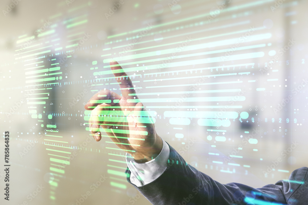 Poster double exposure of man hand working with abstract digital world map hologram on blurred office backg