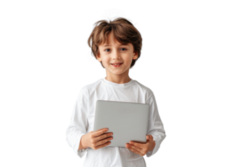 Young Boy with Tablet on Transparent Background