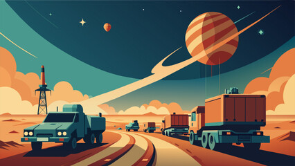 The sound of heavy machinery echoes through the vast emptiness of space as a convoy of vehicles transports valuable resources back to Earth. - obrazy, fototapety, plakaty