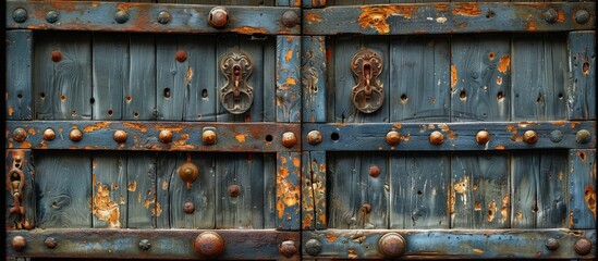 Weathered wooden door up close showing signs of rust and a worn metal knob handle