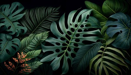 Tropical background with monstera leaves on black background. illustration. - obrazy, fototapety, plakaty
