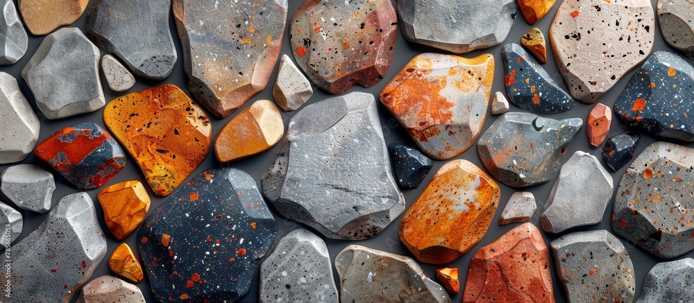 Poster close-up view of a pile of rocks covered in rust, showcasing the weathering process over time