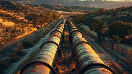 A series of pipelines stretch across a landscape symbolizing the transportation of biofuels from production facilities to consumers. The image showcases the complex and interconnected . - obrazy, fototapety, plakaty