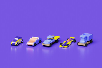 Obraz premium 3d illustration of cute kids model cars, convertibles, pickups, truck cranes, firemen, dump trucks on a purple background. Illustration of patterns in cartoon style