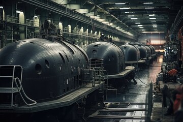 Assembly Line: Submarine components moving down an assembly line.
