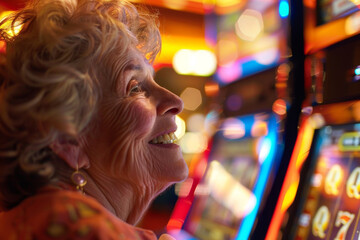 Fototapeta premium A close-up of a joyful senior citizen at a casino, her face lit up with the thrill of the game as she plays at the slot machines.