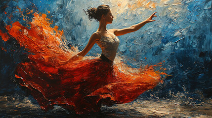 Contemporary Oil Painting of A Pretty Women Ballerina Ballerina Dancer in Orange Ballet Dress With Blue and Yellow Brush Strokes - obrazy, fototapety, plakaty