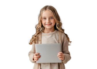 Young Girl with Tablet on Transparent Background
