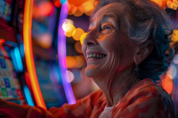 Obraz na płótnie Canvas A close-up of a joyful senior citizen at a casino, her face lit up with the thrill of the game as she plays at the slot machines.